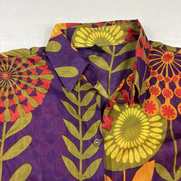 Bam Bam Boho Button Shirt Retro Floral Mod Print 3/4 Sleeve Festival Blouse L - Picture 4 of 11